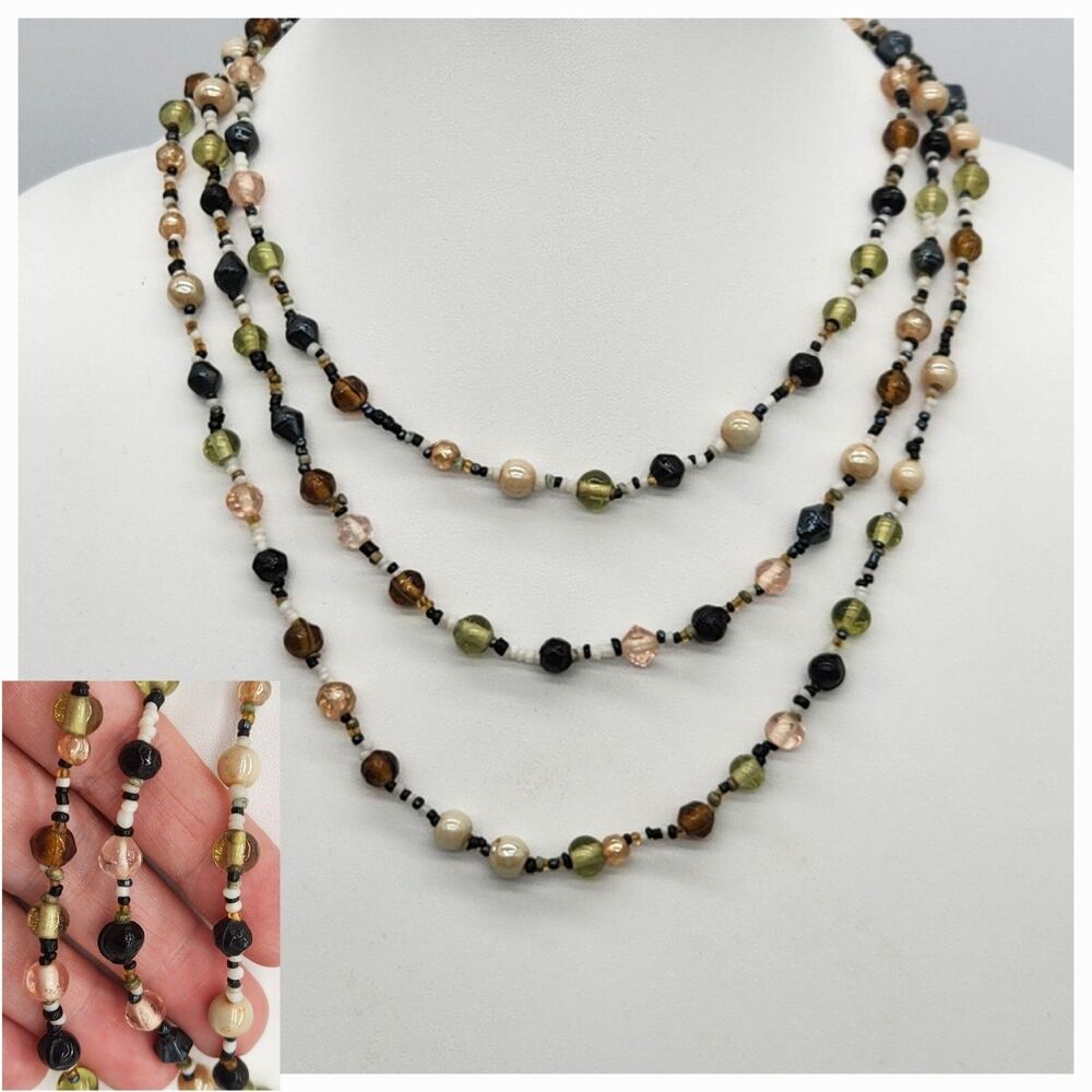 Earth Tone Glass Bead Long or Layer Amber Cream Black Peachy Pink Necklace